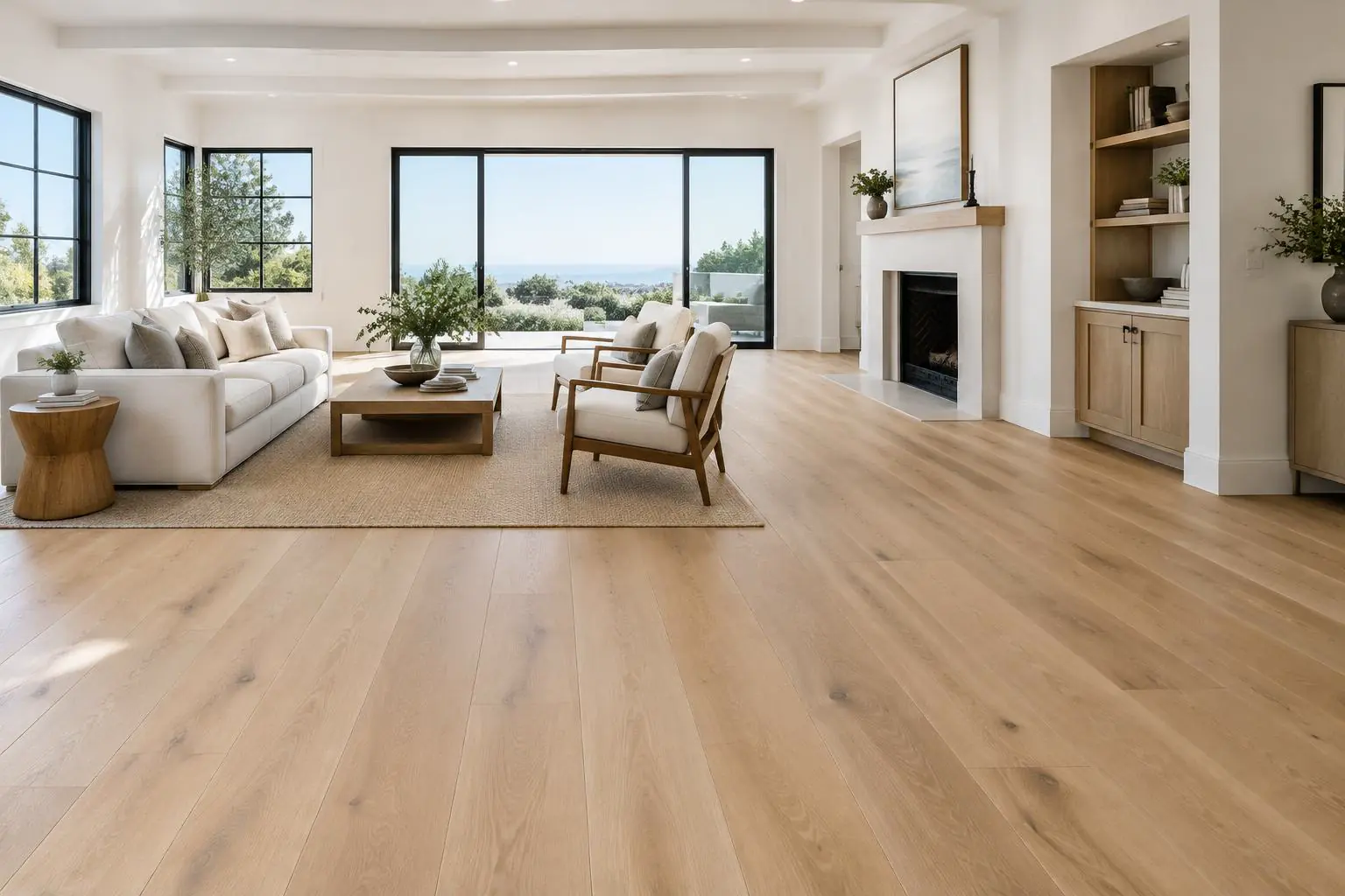 Wide-plank flooring in a bright living space